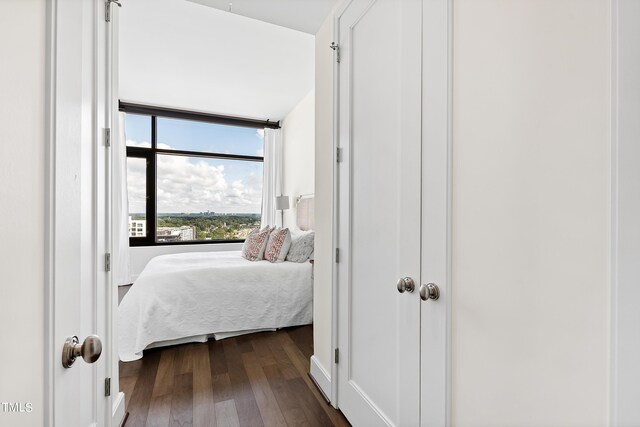 bedroom with dark hardwood / wood-style flooring