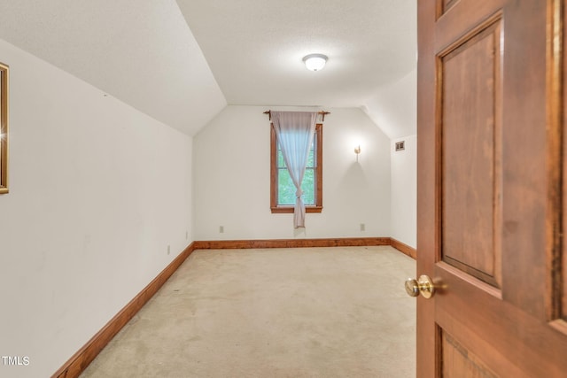 additional living space with carpet flooring, a textured ceiling, and lofted ceiling