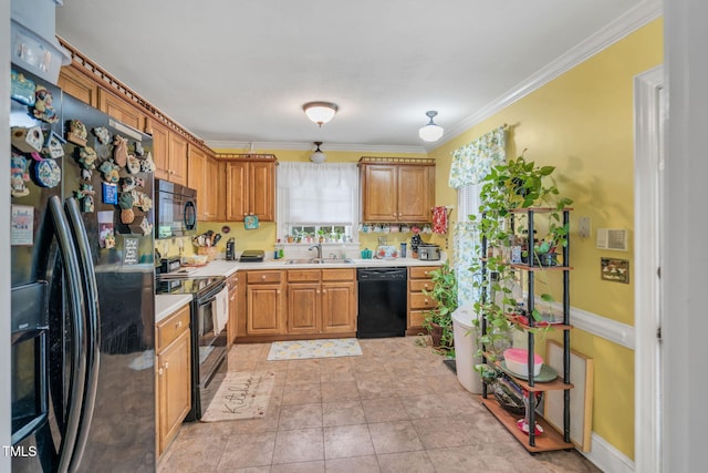 kitchen with crown molding, sink, and black appliances