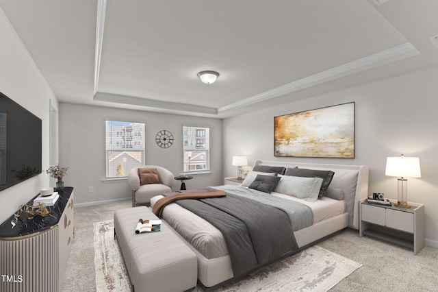 bedroom with light carpet, ornamental molding, and a raised ceiling