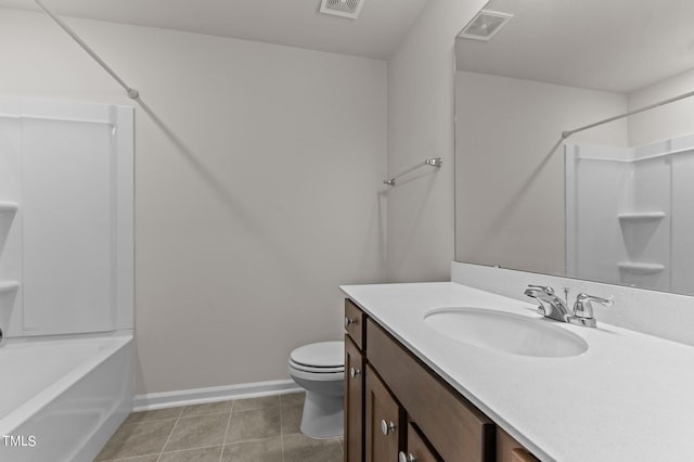 full bathroom featuring vanity, toilet, tile patterned floors, and tub / shower combination