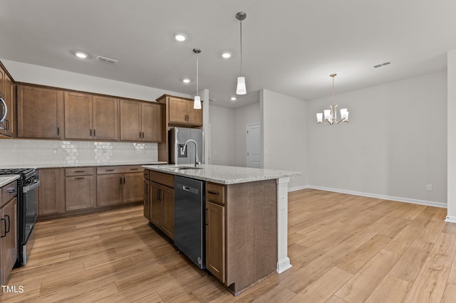 kitchen with sink, appliances with stainless steel finishes, light hardwood / wood-style floors, and an island with sink