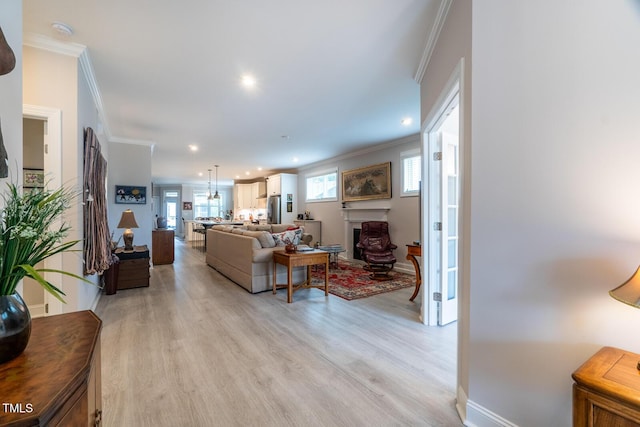 living room with light hardwood / wood-style flooring and crown molding