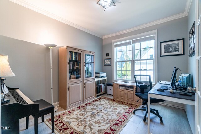 home office featuring crown molding and hardwood / wood-style floors