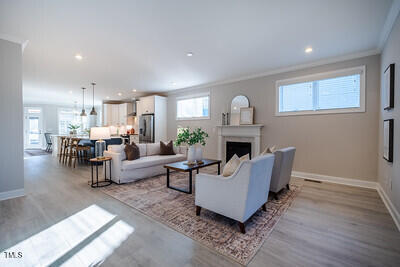 living area featuring crown molding, light wood-style floors, a fireplace, and baseboards