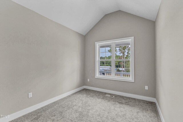 empty room with lofted ceiling and carpet flooring