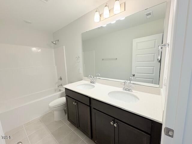 full bathroom with vanity, toilet, tile patterned floors, and bathing tub / shower combination