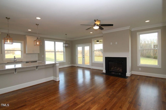 unfurnished living room with french doors, dark hardwood / wood-style floors, ornamental molding, and sink