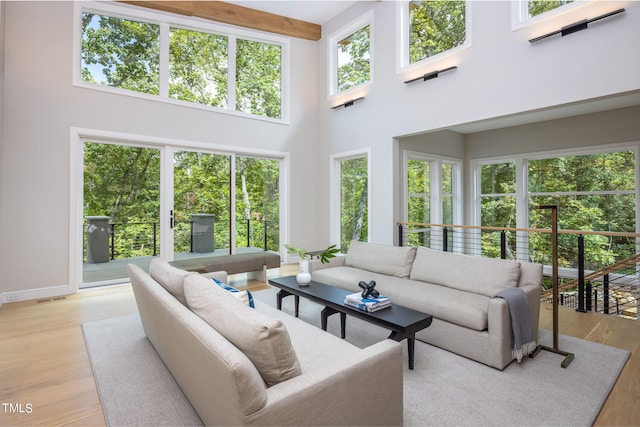 living room with light hardwood / wood-style floors and a towering ceiling