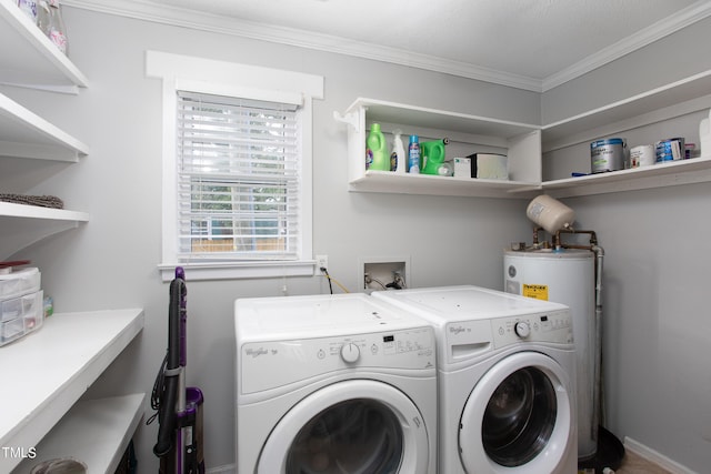 clothes washing area with electric water heater, a textured ceiling, crown molding, and independent washer and dryer