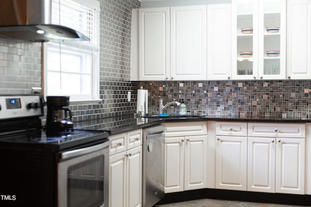 kitchen featuring electric stove, white cabinetry, dishwasher, and extractor fan