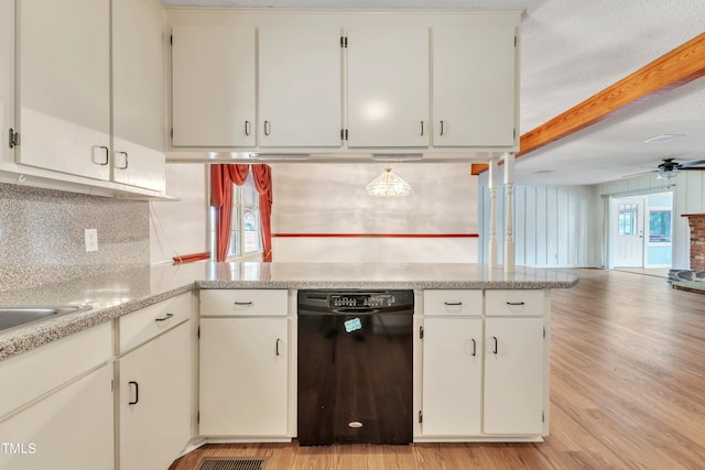 kitchen featuring ceiling fan, black dishwasher, light hardwood / wood-style floors, and white cabinetry