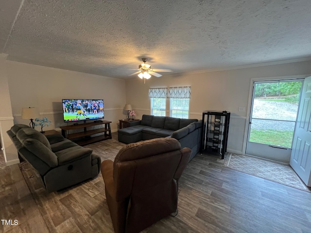 living room featuring wood-type flooring, ceiling fan, a healthy amount of sunlight, and a textured ceiling