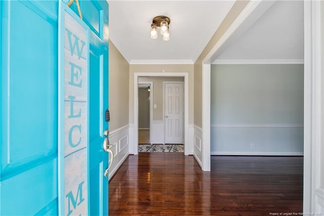 entrance foyer featuring dark wood-type flooring, a wainscoted wall, crown molding, and a decorative wall