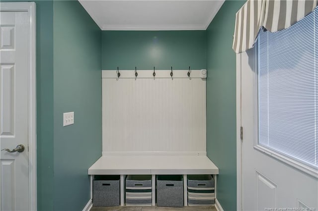 mudroom featuring baseboards and crown molding