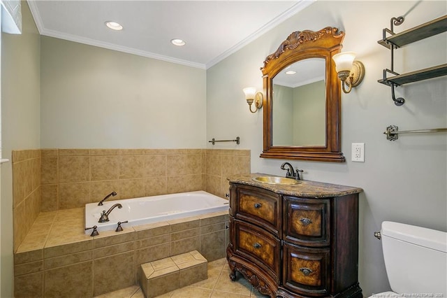 bathroom featuring a bath, tile patterned flooring, crown molding, and vanity