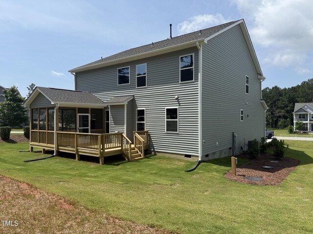 135 Green Haven Blvd Lot # 1, Youngsville, NC 27596 - rear view of property with a sunroom, crawl space, a yard, and a deck