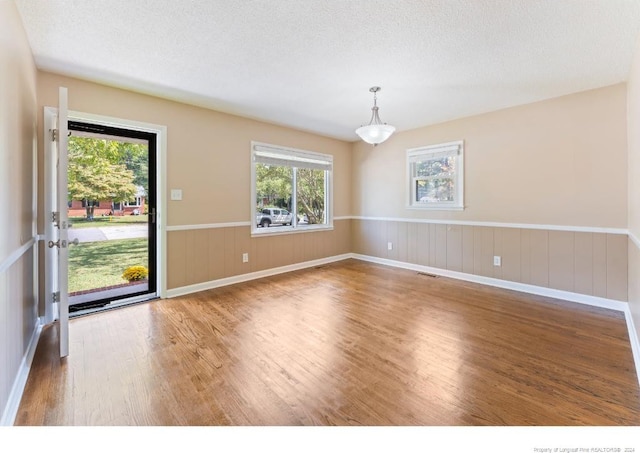 spare room with plenty of natural light, wood-type flooring, and a textured ceiling