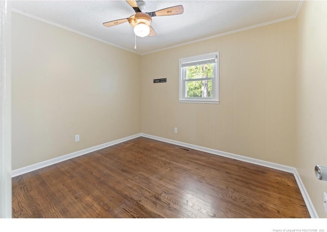 unfurnished room with wood-type flooring, ceiling fan, and crown molding