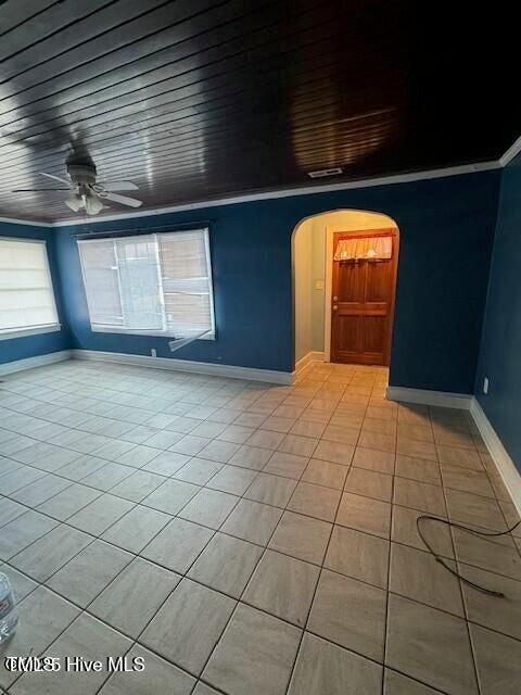 spare room featuring ceiling fan, crown molding, and wooden ceiling