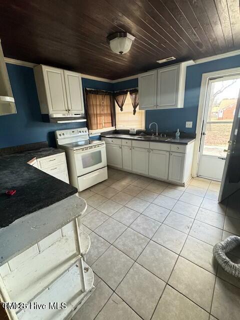 kitchen featuring sink, wooden ceiling, white electric stove, light tile patterned floors, and ornamental molding