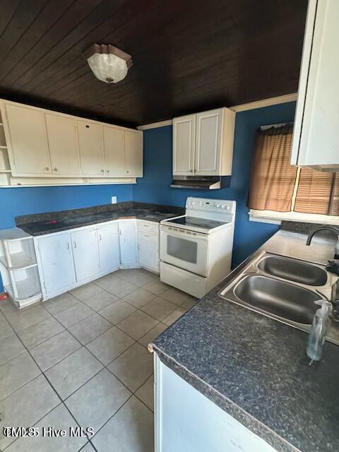 kitchen with white cabinetry, sink, wooden ceiling, white range with electric cooktop, and light tile patterned floors