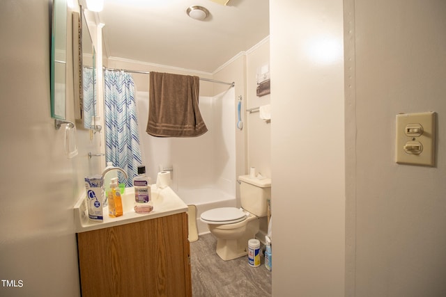 full bathroom with vanity, toilet, ornamental molding, shower / bath combo with shower curtain, and hardwood / wood-style floors