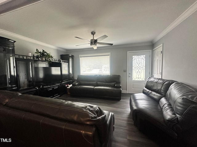 living room featuring crown molding, dark hardwood / wood-style flooring, and ceiling fan