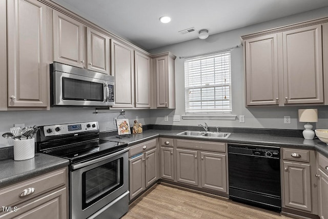 kitchen featuring stainless steel appliances, sink, and light wood-type flooring