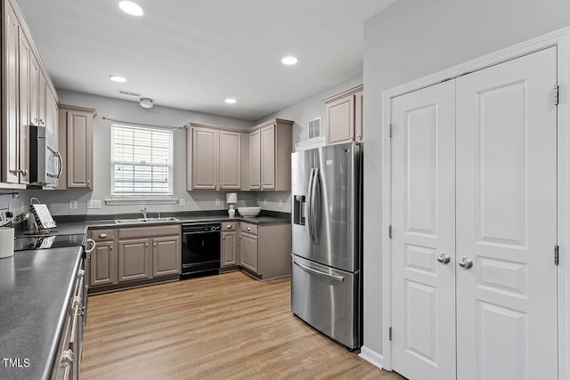 kitchen with light hardwood / wood-style flooring, stainless steel appliances, and sink