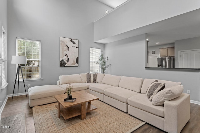 living room featuring wood-type flooring and a high ceiling