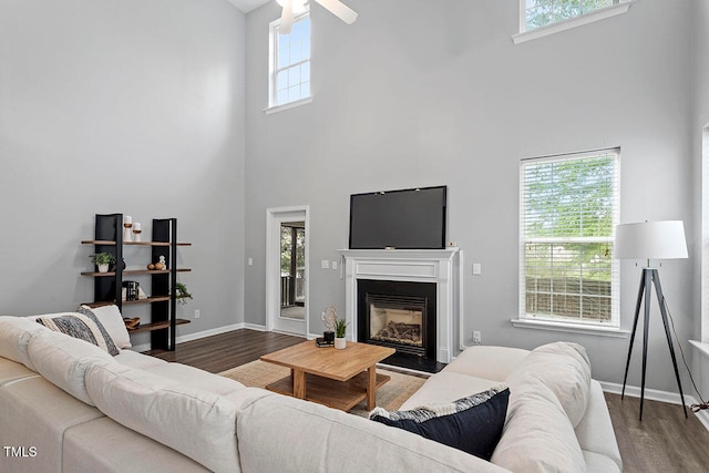 living room with a wealth of natural light, dark hardwood / wood-style floors, and a towering ceiling