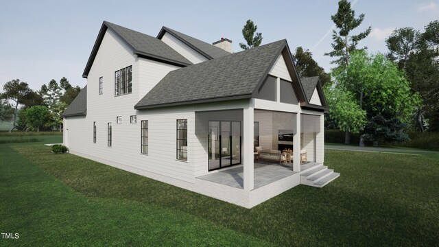 3301 Dell Dr, Raleigh, NC 27609 - back of house with a chimney, a yard, a patio area, and a shingled roof