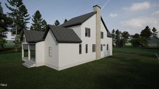 3301 Dell Dr, Raleigh, NC 27609 - view of home's exterior featuring a yard, a chimney, and roof with shingles