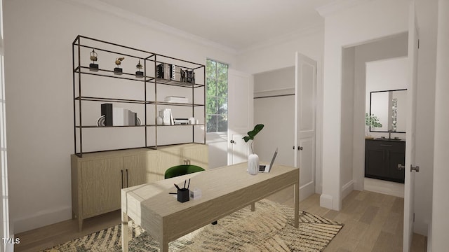 office featuring sink, crown molding, and light hardwood / wood-style floors