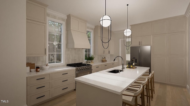 kitchen featuring sink, stainless steel appliances, tasteful backsplash, a breakfast bar area, and a center island with sink