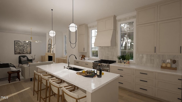 kitchen with high end range, sink, hanging light fixtures, and an island with sink