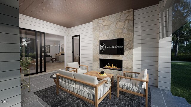 3301 Dell Dr, Raleigh, NC 27609 - view of patio featuring an outdoor stone fireplace