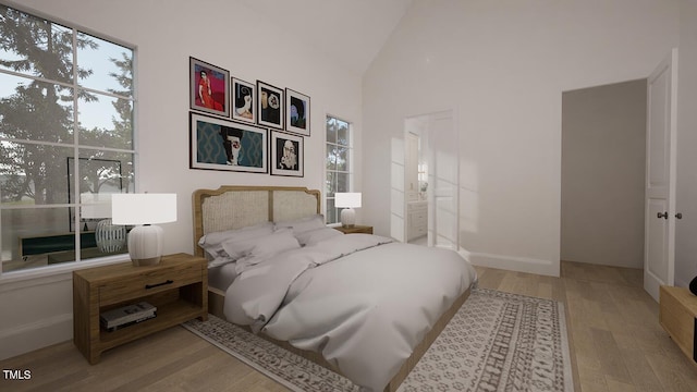 bedroom featuring high vaulted ceiling and light hardwood / wood-style flooring