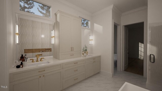 3301 Dell Dr, Raleigh, NC 27609 - full bath featuring ornamental molding, marble finish floor, vanity, and plenty of natural light