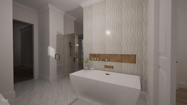 3301 Dell Dr, Raleigh, NC 27609 - bathroom with ornamental molding, a stall shower, marble finish floor, and a freestanding bath