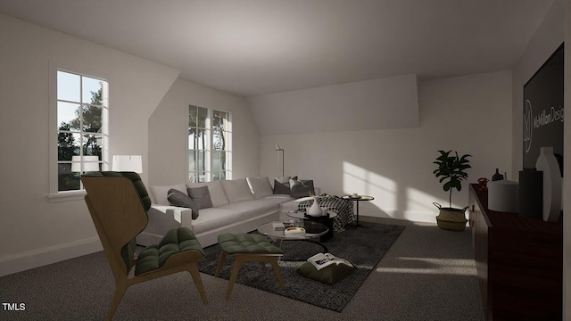 living room with lofted ceiling and carpet