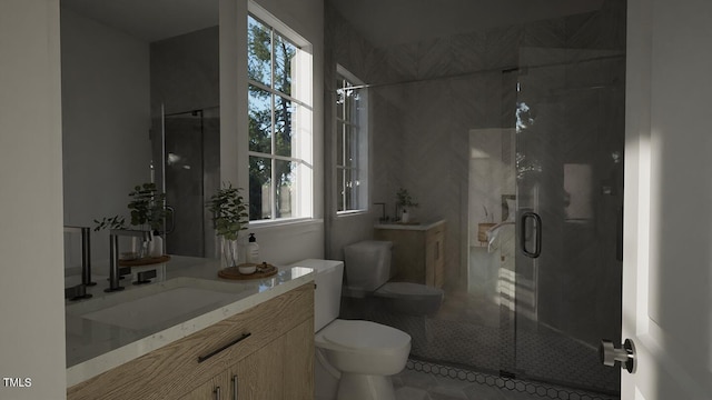 bathroom with vanity, a shower with shower door, toilet, and a healthy amount of sunlight