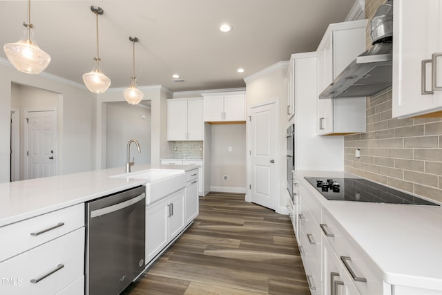 kitchen with wall chimney exhaust hood, pendant lighting, stainless steel dishwasher, dark hardwood / wood-style floors, and sink