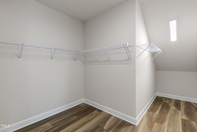 spacious closet featuring wood-type flooring and vaulted ceiling