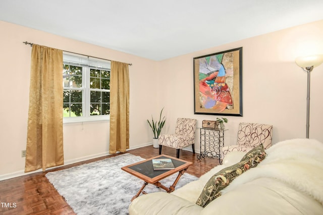 living room with dark parquet flooring