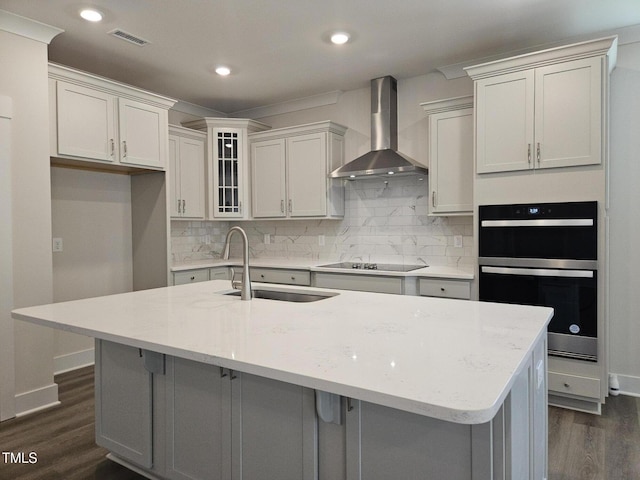145 Green Haven Blvd Lot # 83, Youngsville, NC 27596 - kitchen with wall chimney exhaust hood, dark wood-type flooring, black electric stovetop, double oven, and decorative backsplash