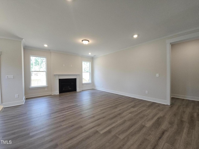 145 Green Haven Blvd Lot # 83, Youngsville, NC 27596 - unfurnished living room with crown molding, dark wood finished floors, recessed lighting, and a fireplace