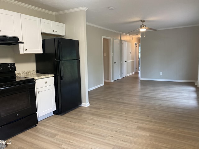 kitchen with light wood-type flooring, black appliances, crown molding, and white cabinets