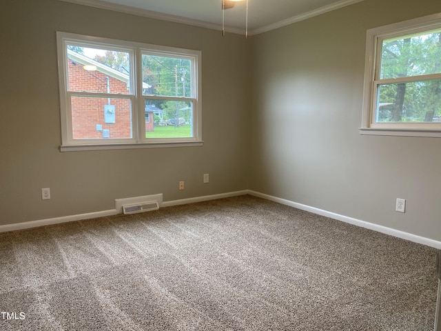 unfurnished room featuring carpet flooring, ornamental molding, and plenty of natural light